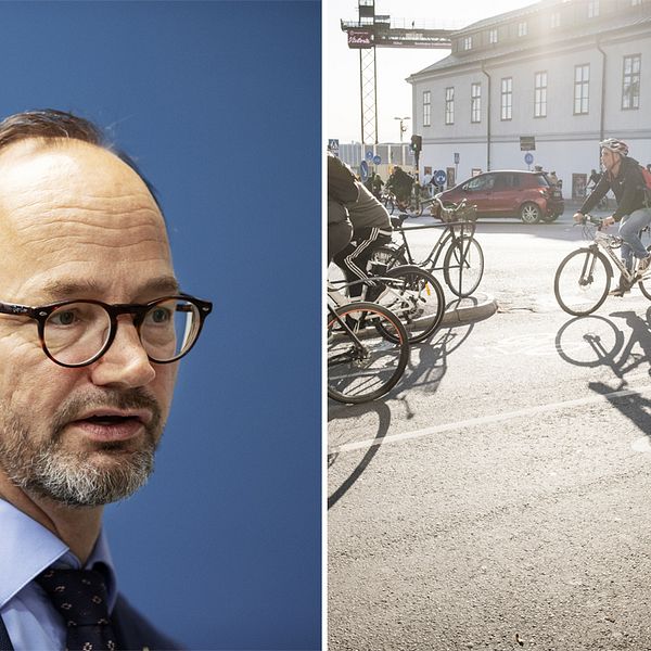 Infrastrukturminister Tomas Eneroth (S) och cyklister.