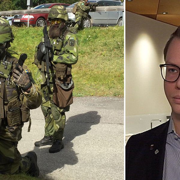 Sollefteås kommunalråd Johan Andersson (C) och uniformerade militärer under övning.