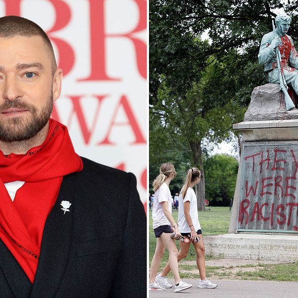 Justin Timberlake ansluter sig till kritikerna som vill att minnesmonumenten för sydstatssoldater och generaler rivs. På bilden ett vandaliserat monument i Nashville, Tennessee.