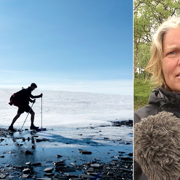 En fjällvandrare på fjället och Wictoria Wadman från länsstyrelsen i Jämtland