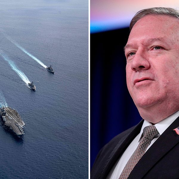 Fartyg på havet och till höger USA:s utrikesminister Mike Pompeo.