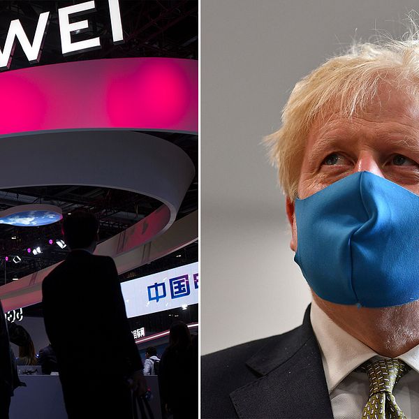 Boris Johnsons regering gör en helomvändning när det gäller den kinesiska telekomtillverkaren Huawei. Arkivbild på Huawei-skylt och Johnson i munskydd.
