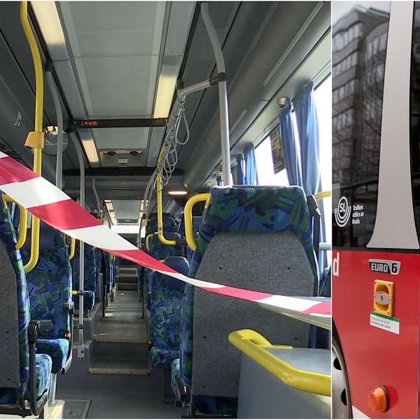 En tom SL-buss med röd-vit avspärrningstejp fäst tvärs över mittgången.