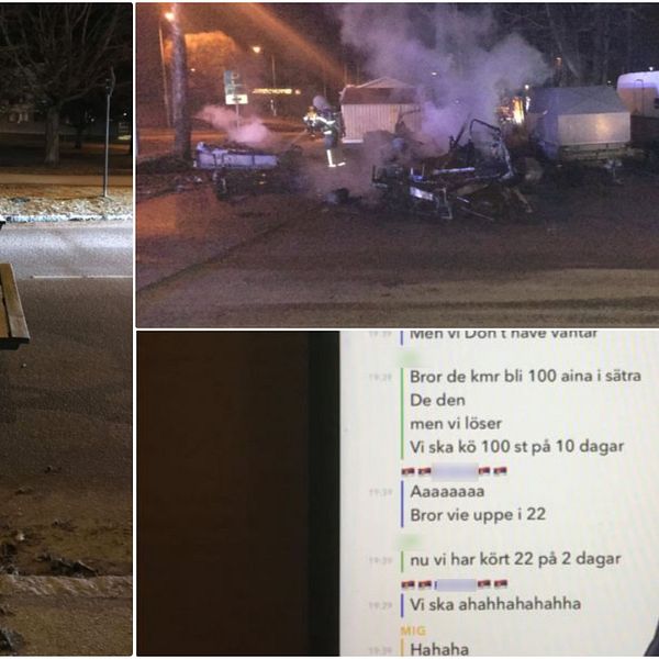 Till vänster: bänkar som placerats ut på bilväg. Övre högerkant: bilbrand i Gävle, januari 2020. Nedre högerkant: meddelandekonversation mellan gärningsmännen i Snapchat.