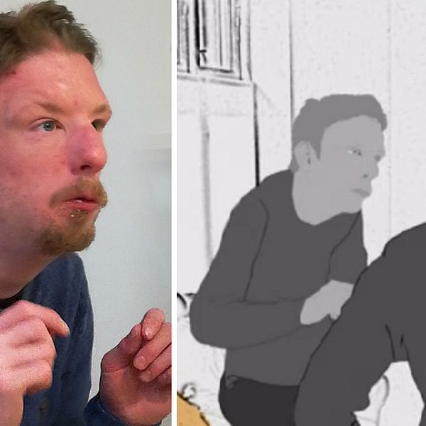 Till vänster en bild på autistiske Dick som fått utstå hot och kränkningar från en ur personalen på ett LSS-bonde och till höger en animerad bild som föreställer händelsen.