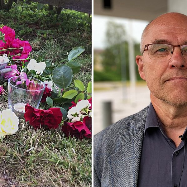 Blommor vid olycksplatsen i Färjestaden. Till höger kammaråklagare Kjell Janneson.