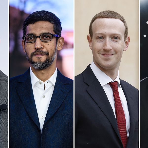 Amazons vd Jeff Bezos, Google och Alphabets vd Sundar Pichai, Facebooks vd Mark Zuckerberg och Apples vd Tim Cook.
