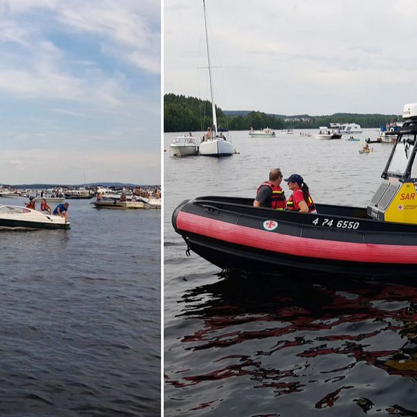 delad bild: Hundratals båtar som samlats på sjön Runn, samt en av Sjöräddningssällskapets båtar.