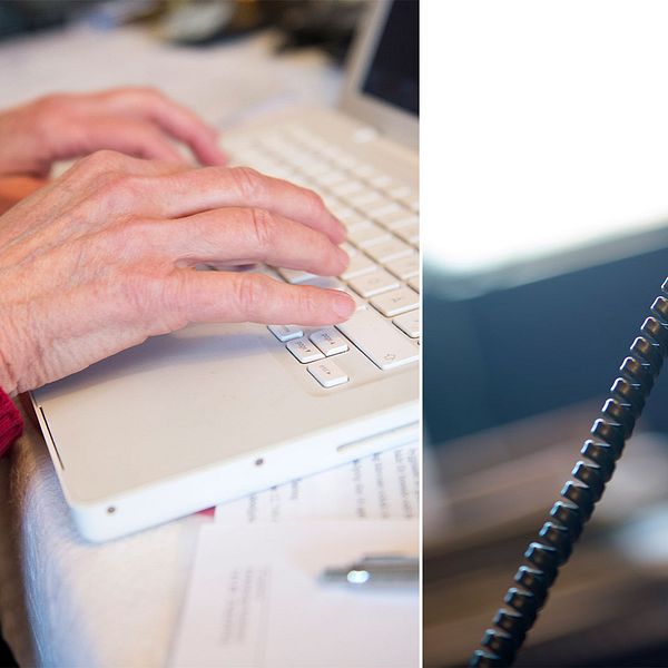 En äldre kvinna har händerna på ett tangentbord till en bärbar dator.