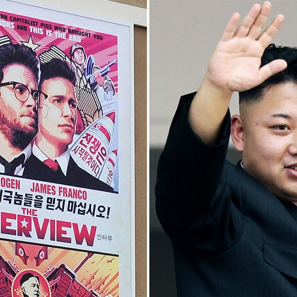En affisch för filmen ”The Interview” och Nordkoreas ledare Kim Jong-un.