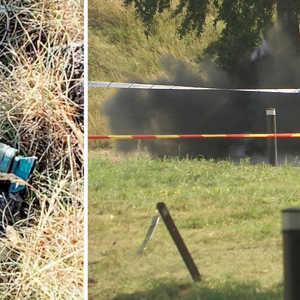 Två bilder. Till vänster en grön chockgranat. Till höger explosionen i samband med att granaten sprängdes.