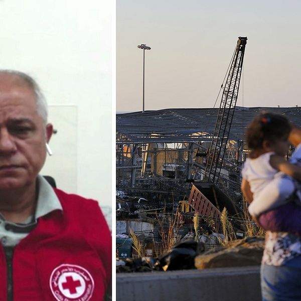 Georges Kettaneh generalsekreterare för Röda Korset i Libanon. Till höger står en familj och tittar ut över förödelsen i Beirut.