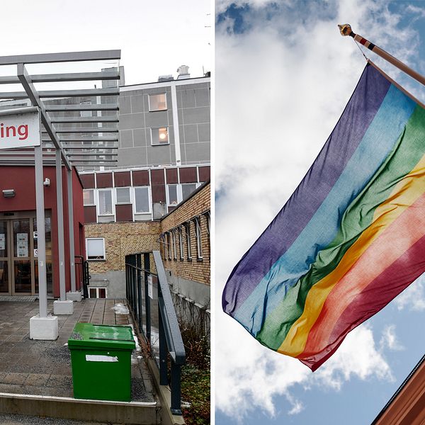 Entrén till Enköpings lasarett. Till höger en prideflagga.