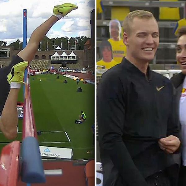 Här garvar Duplantis och Kendricks åt norrmannens märkliga hopp.