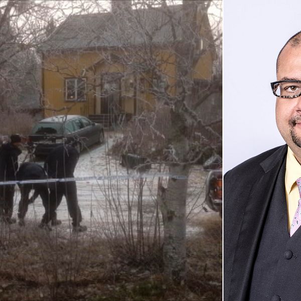 Poliser letar efter spår utanför en gul villa, platsen för dödsmisshandeln 2014