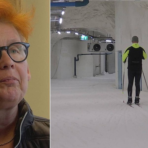 Dubbelbild. Till vänster rödhårig kvinna med svartbågade glasögon. Till höger ensam skidåkare åker bortåt i en skidtunnel.