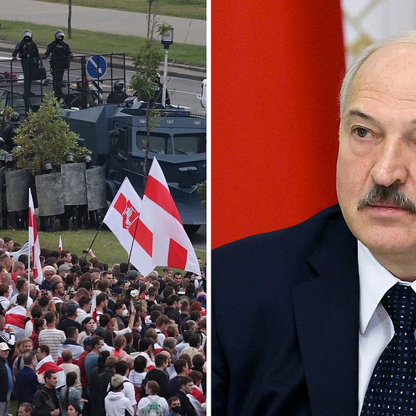 EU har beslutat om att införa restriktioner mot Belarus efter det ifrågasatta presidentvalet. Nu hotar president Alexander Lukasjenko att svara med sanktioner mot omvärlden. Bilden visar demonstranter och Alexander Lukasjenko.