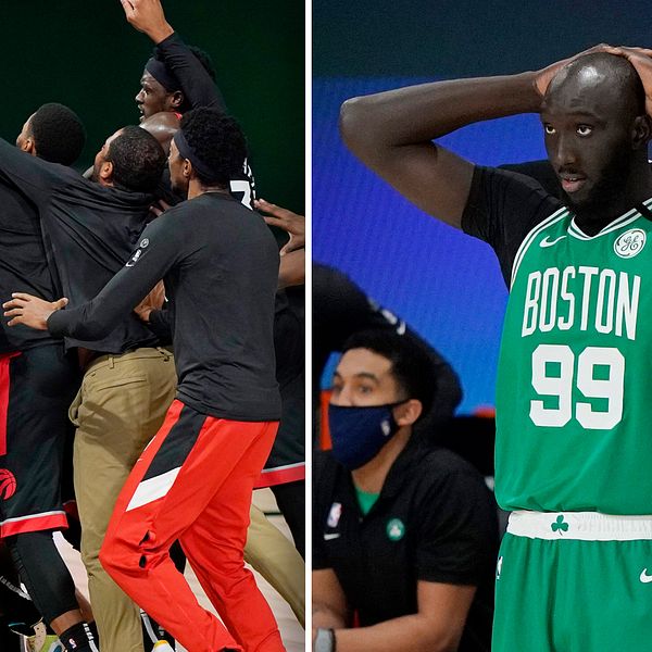 Bostons bjässe Tacko Fall (höger) tror inte sina ögon efter att Toronto avgjort med matchens sista skott.