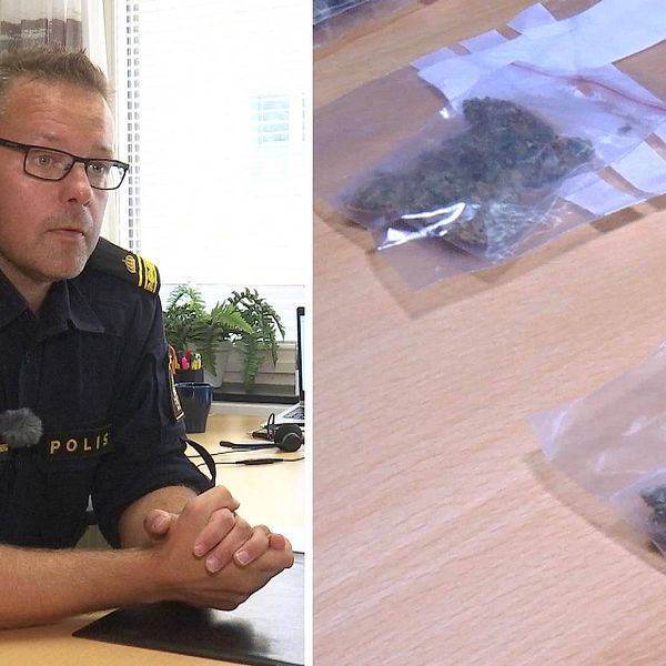 Polisen Fredrik Lundberg på sitt kontor till vänster och beslagtagna påsar med cannabis till höger.