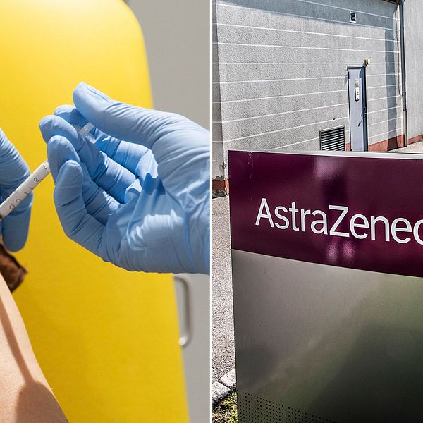 Astra Zeneca pausar testerna av vaccinet mot covid-19 som företaget utvecklar, då en testperson blivit sjuk. Bilden visar en person som testar vaccin, samt Astra Zenecas logga.