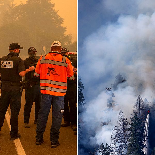 Hundratals hem har förstörts och flera personer befaras ha dött i bränder i Oregon i USA. Bilden visar en vägblockering i Oregon, samt en helikopter ovanför en skogsbrand i delstaten.