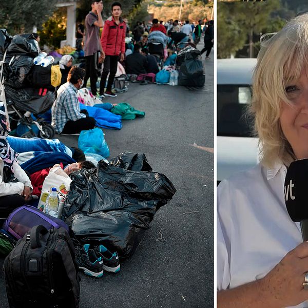 SVT:s korrespondent Erika Bjerström i Grekland. Flyktingar och migranter som efter branden i Moria sover på gatan.