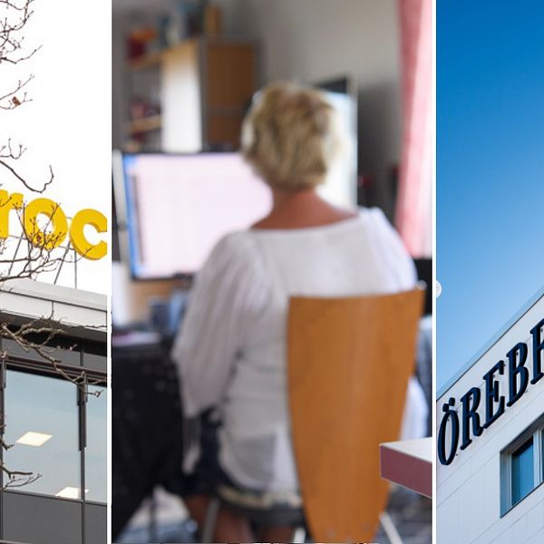 Montage av tre bilder. Till vänster en bild utanför Epiroc, i mitten en bild på en person som jobbar hemifrån och till höger en bild på Örebro universitet.