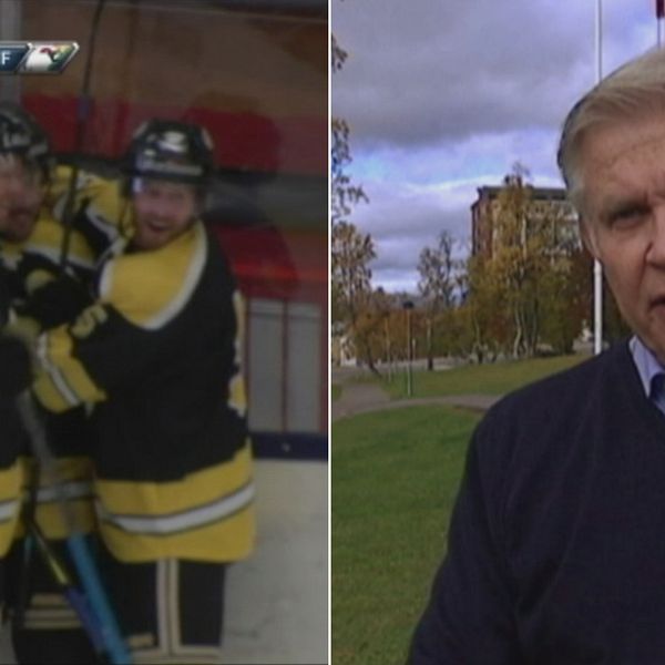 Till vänster i bild ser man Kiruna AIF fira efter ett mål. Till höger i bild ser man Hockeyettans ordförande Ronnie Glysing.