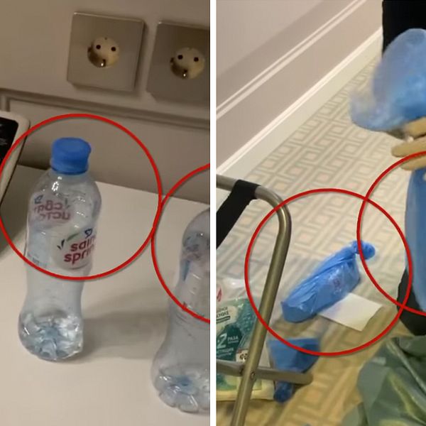 Navalnyjs team har lagt upp en video på hans Instagram där de samlar föremål på hotellrummet.