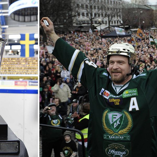 Till vänster pokalen Le Mat som delas ut till laget som vinner SM-guld i ishockey. Till höger Jonas Frögren med ryggen vänd mot publiken på Stora torget i Karlstad.