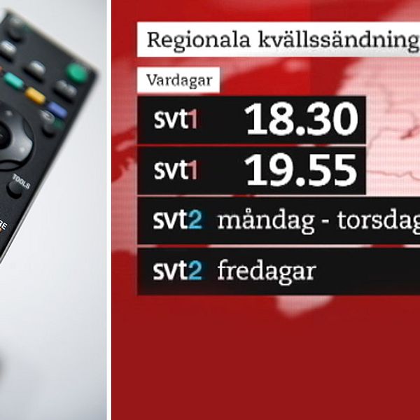 En fjärrkontroll. Informationstext som säger att regaionala nyhetssändningar visas vardagar i SVT1 klockan 18.30 och 19.55. Måndag till torsdag visas regionala nyhetssädningar klockan 21.46 i SVT2 och på fredagar sänds regionala nyheter klockan 21.25 i SVT2.