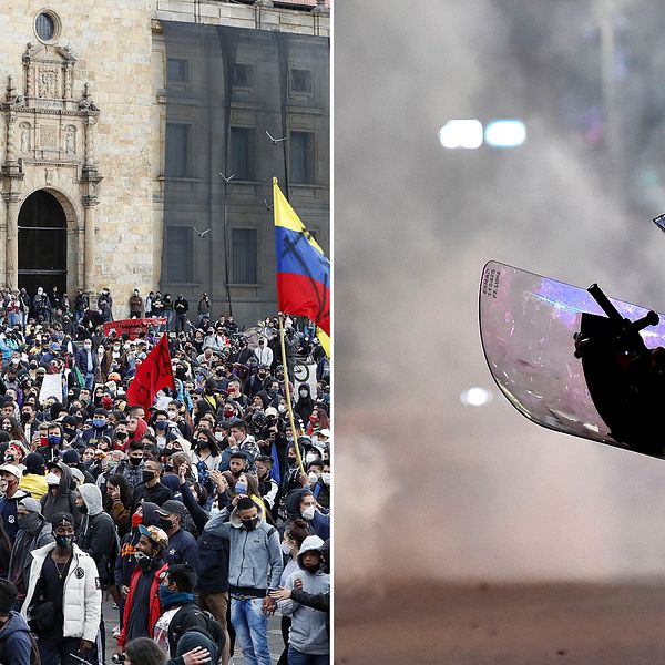 Stora demonstrationer genomförs i Colombias huvudstad, dels mot den sittande regeringen, dels mot polisvåld.