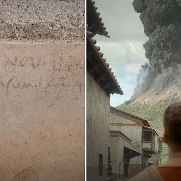 En nästan 2000 år gammal inskription av kol som hittats på en vägg i Pompeji, samt en dramatiserad bild av hur det kan ha sett ut när befolkningen i Pompeji tittade upp mot vulkanutbrottet.