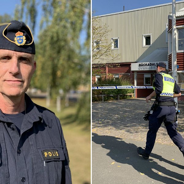 En delad bild. Till vänster syns en polis i uniform på en gräsbevuxen plats med träd i bakgrunden. Till höger patrullerar två poliser förbi en byggnad som har avspärrats med polisens tejp, vilket antyder en pågående undersökning eller insats.