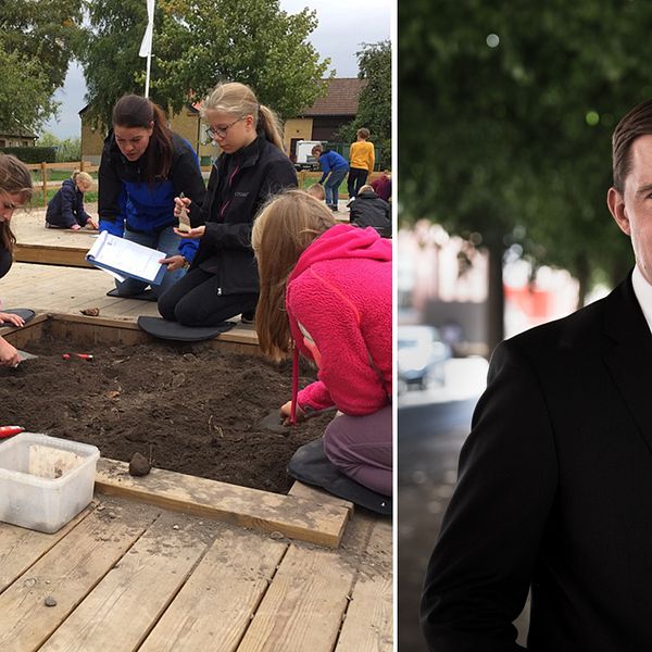 Bilden är ett montage. Till vänster syns elever som besöker Uppåkra, till höger Henrik Fritzon, socialdemokratiskt regionalråd.