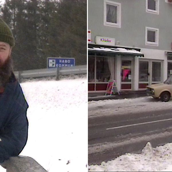 SVT:s Lennart Broman rapporterar från gamla länsgränsen 1997 + bil utanför butik 1997