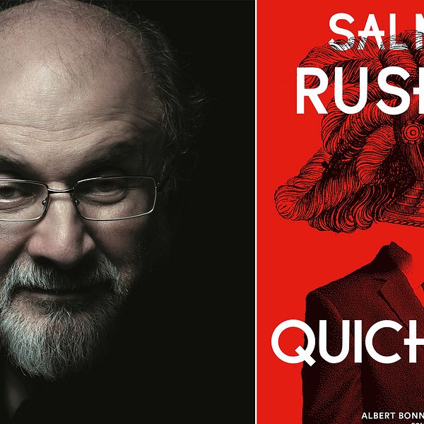 Salman Rushdie och omslaget till hans nya roman Quichotte.