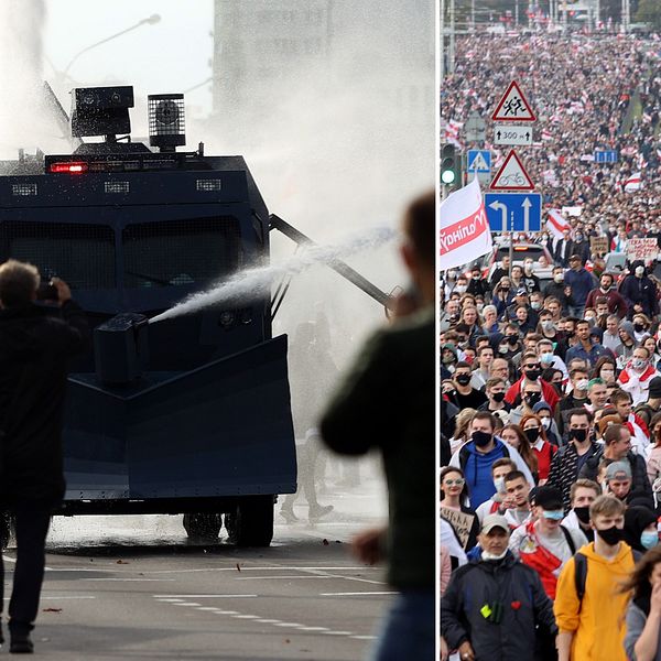 Bilden visar när polisen använder vattenkanon mot demonstranter i Belarus. Till höger syns tusentals personer gå i ett demonstrationståg genom Minsk.