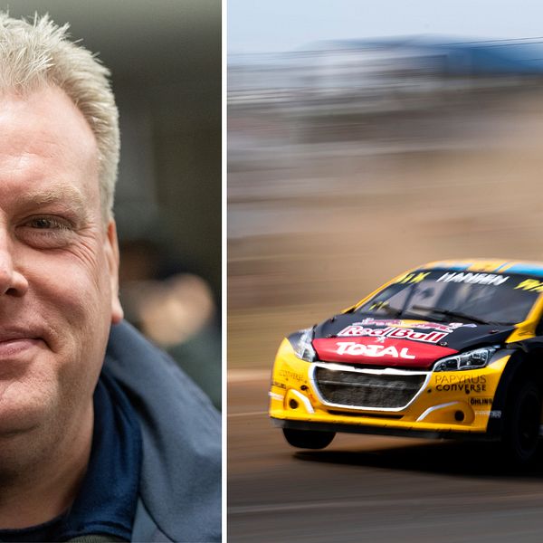 SVT:s motorexpert Jonas Kruse och en Rallycrossbil.