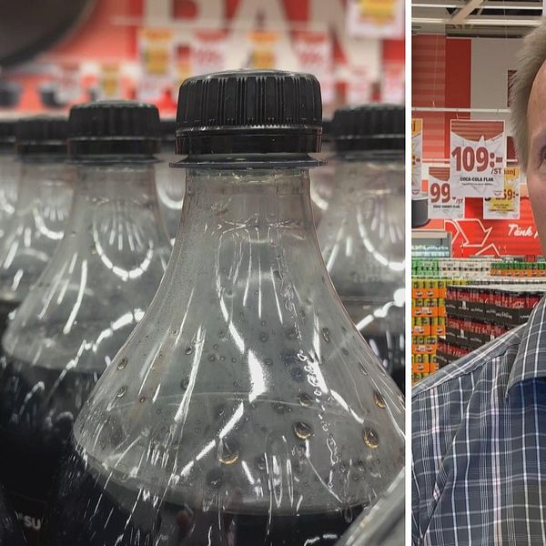 Två bilder. Läskflaskor till vänster och Kaj Hänninen till höger.