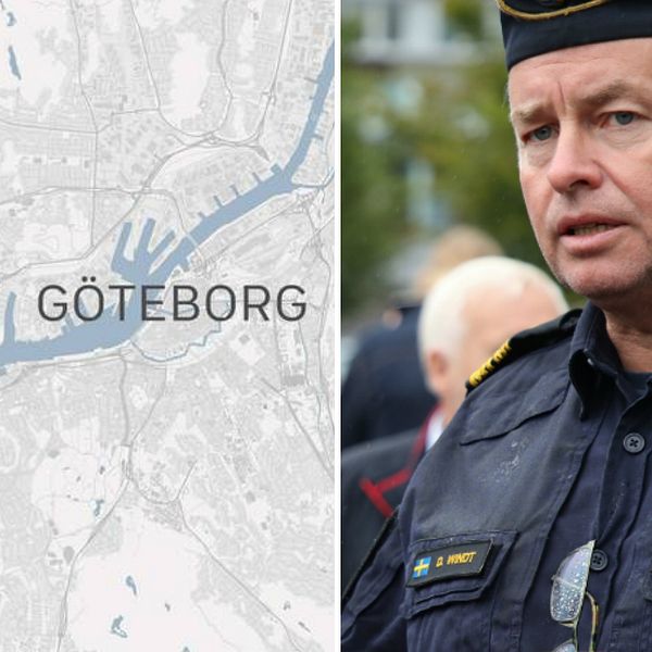 Karta över Göteborg bredvid en man i polisuniform.