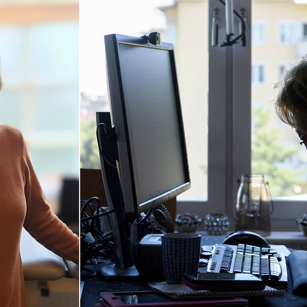 Till vänster fysioterapeuten Elisabet Falk. Till höger person vid dator som håller sig för ansiktet med båda händerna.