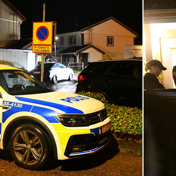 Polisen på plats vid den aktuella bostaden i Falkenberg, där en kvinna sköts i benet under fredagskvällen.