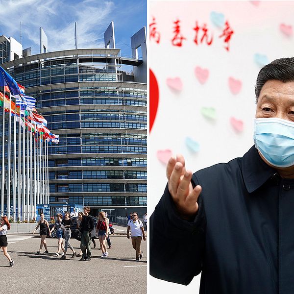 EU-parlamentets byggnad, Kinas president Xi Jinping.