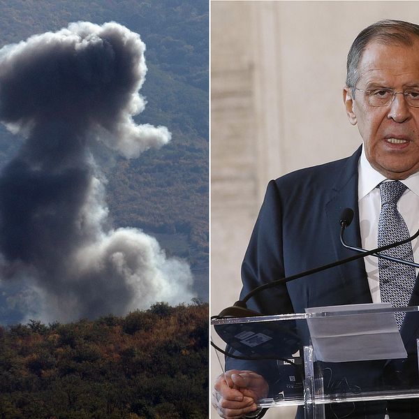Rök stiger efter beskjutning i området Stepanakert, ett separatistiskt område i Nagorno-Karabach. Till höger: Rysslands utrikesminister  Sergej Lavrov.