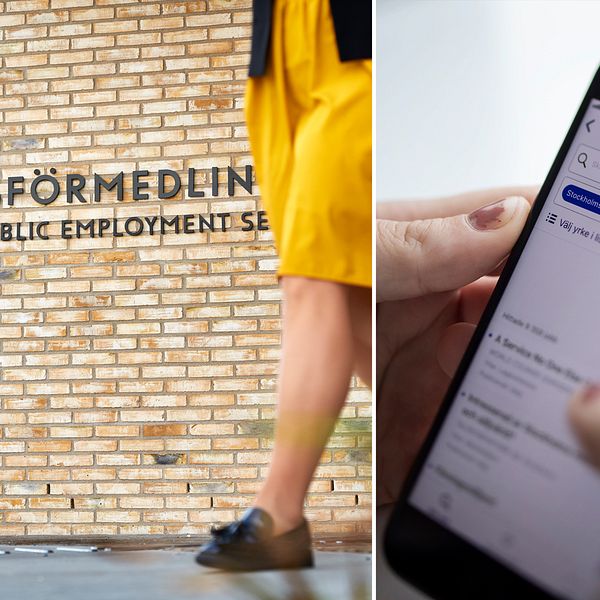 Bilden till vänster visar en kvinna klädd i gul klänning passera framför Arbetsförmedlingens skylt utanför huvudkontoret i Solna. Bilden till höger visar en person som använder på Arbetsförmedlingens platsbank i mobilen.
