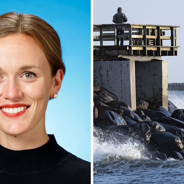 SVT:s meteorolog Maria Augustis och stormigt hav.