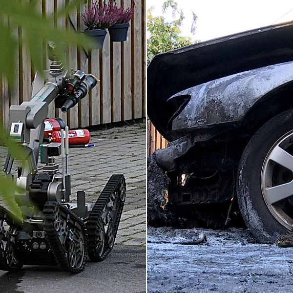 Polisens bombrobot och en brandskadad bil