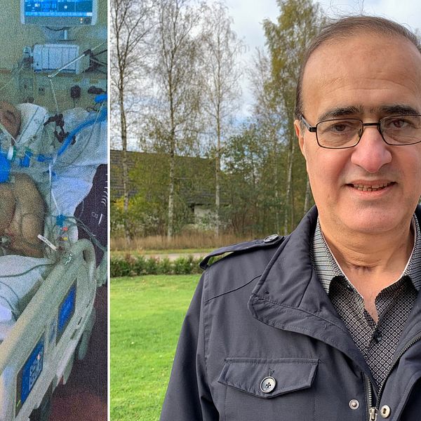 Till vänster Nabeel Faeq Mahdi när han låg i respirator. Till höger Nabeel Faeq Mahdi i dag och numera frisk.