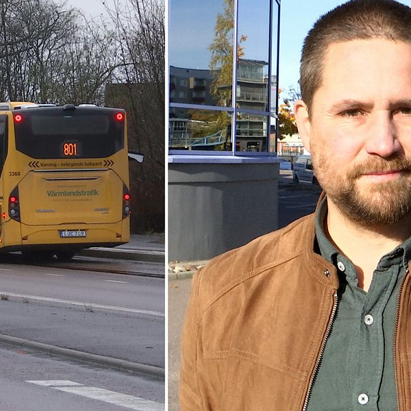 Till vänster buss 801 på vägen, till höger regionrådet Jesper Johansson (MP).